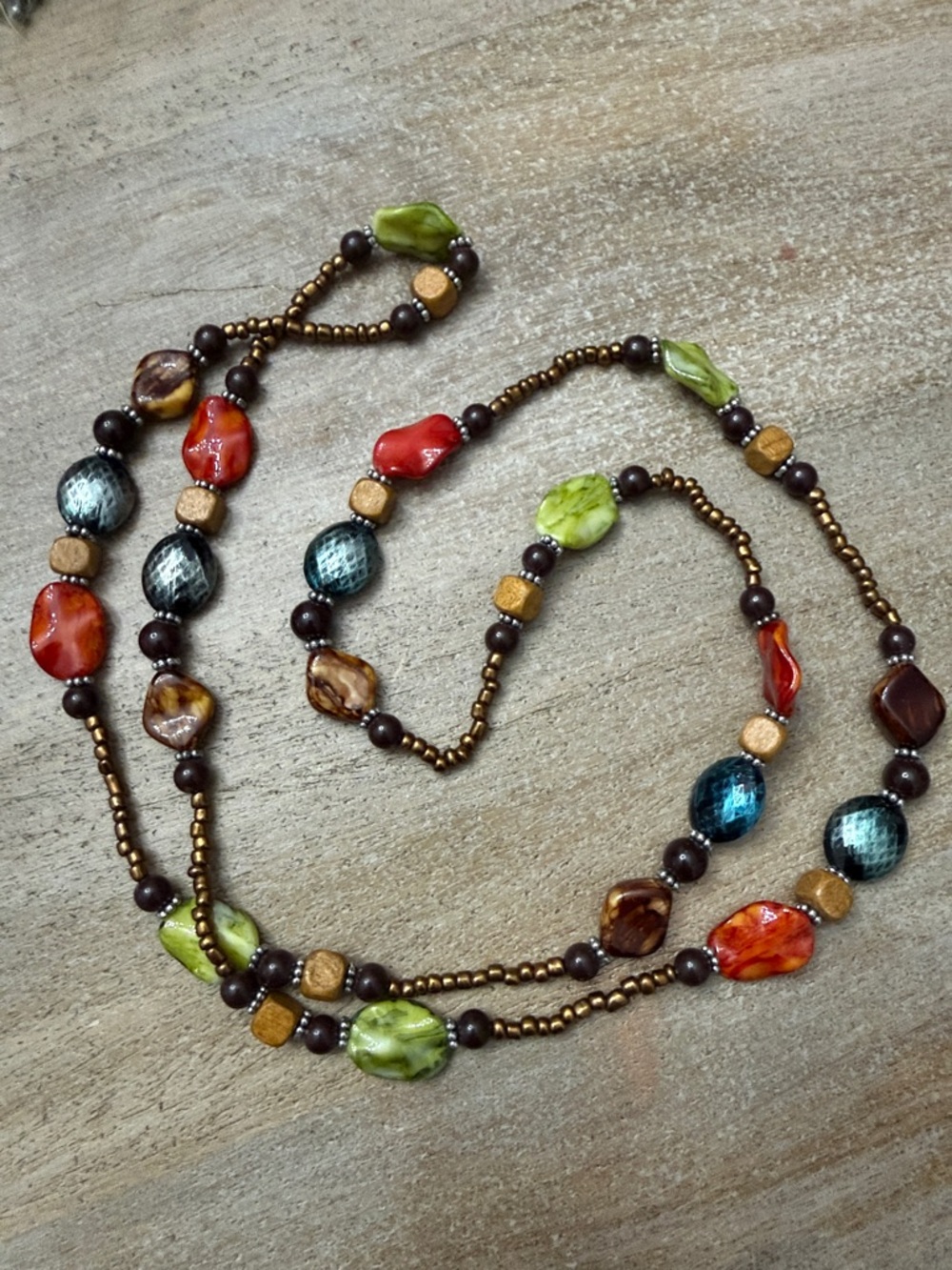 Beaded Multi-Color Layered Necklace - Green, Red, Blue, Brown